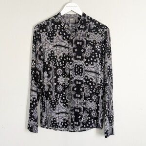 ASOS Women’s Black White Long Sleeve Button Up Bandana Print Blouse Top Size S